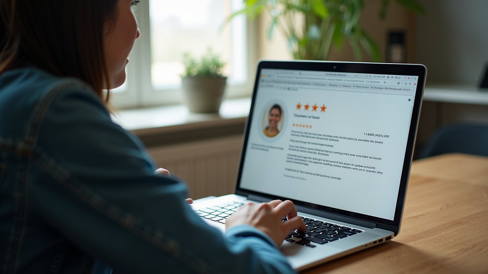 Eye-level view of a laptop screen showing a positive customer review