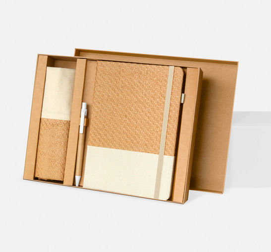 Kit Bioset de regalos corporativos ecológicos con libreta, bolsa de algodón y bolígrafo