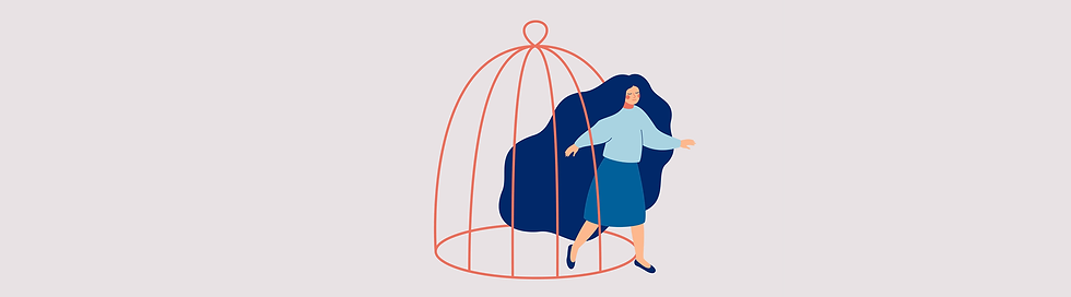 Illustration of a woman freeing herself from a bird cage prison