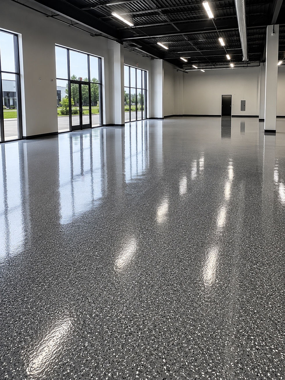 Glossy grey flake concrete coatings in a large commercial space.