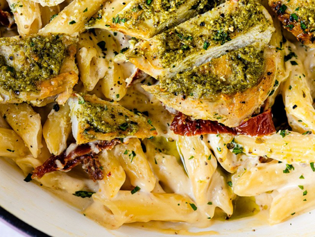 Basil Pesto Chicken with Alfredo Penne and Sun Dried Tomatoes