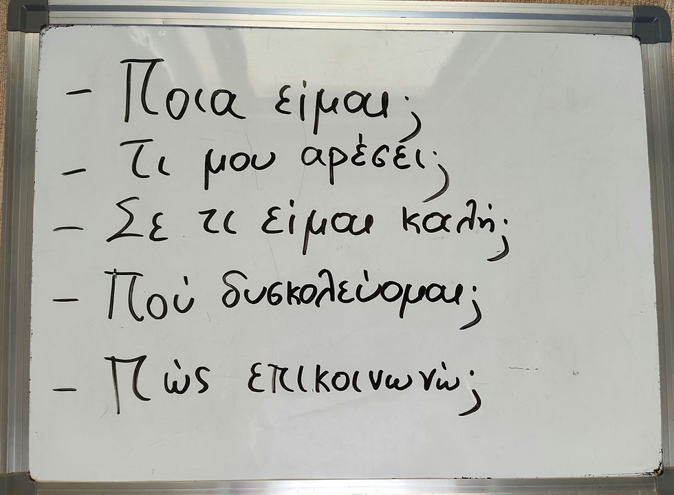 Πίνακας στον οποία φαίνονται οι ακόλουθες ερωτήσεις: Ποια είμαι; Τι μου αρέσει; Σε τι είμαι καλή; Πού δυσκολεύομαι; Πώς επικοινωνώ;