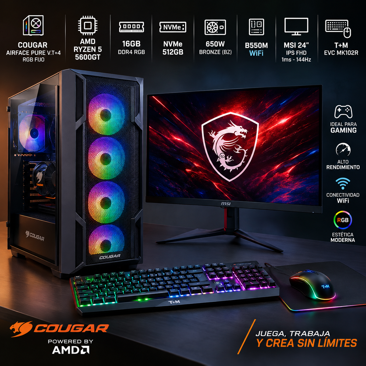 PC GAMING COUGAR AIRFACE PURE V.T+4 RGB FIJO/RYZ 5 5600GT+16GB D4 RGB+NVMe 512GB