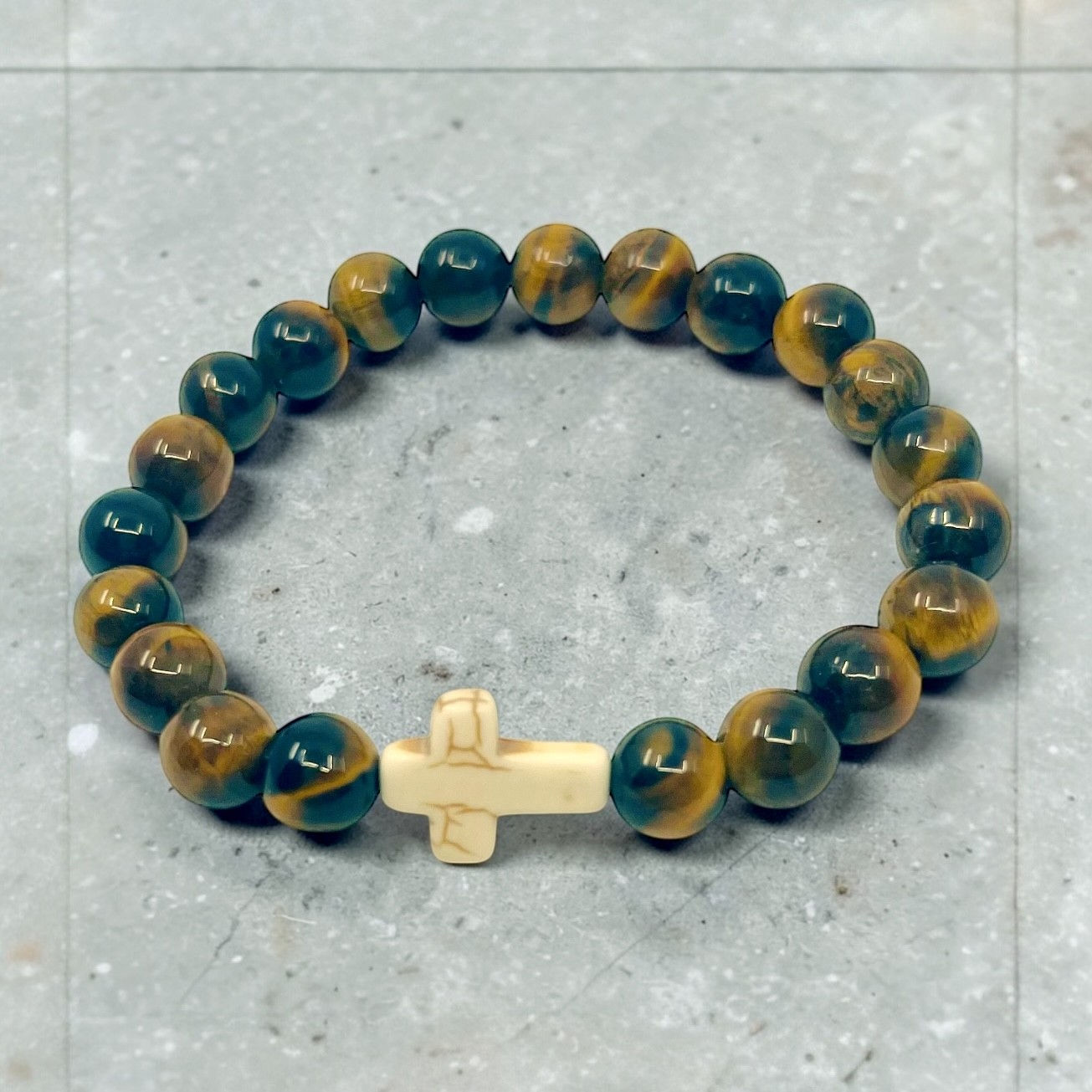 Tiger’s Eye Cross Bracelet – Brown and Gold Gemstone Beaded Bracelet with Cream Cross Charm
