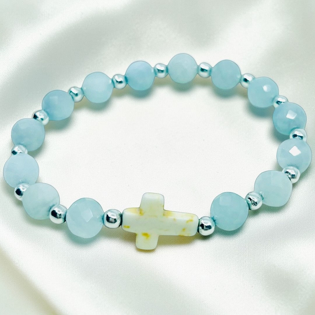 Aquamarine Gemstone Cross Bracelet – Light Blue Beaded Faith Bracelet with White Cross Charm on Satin
