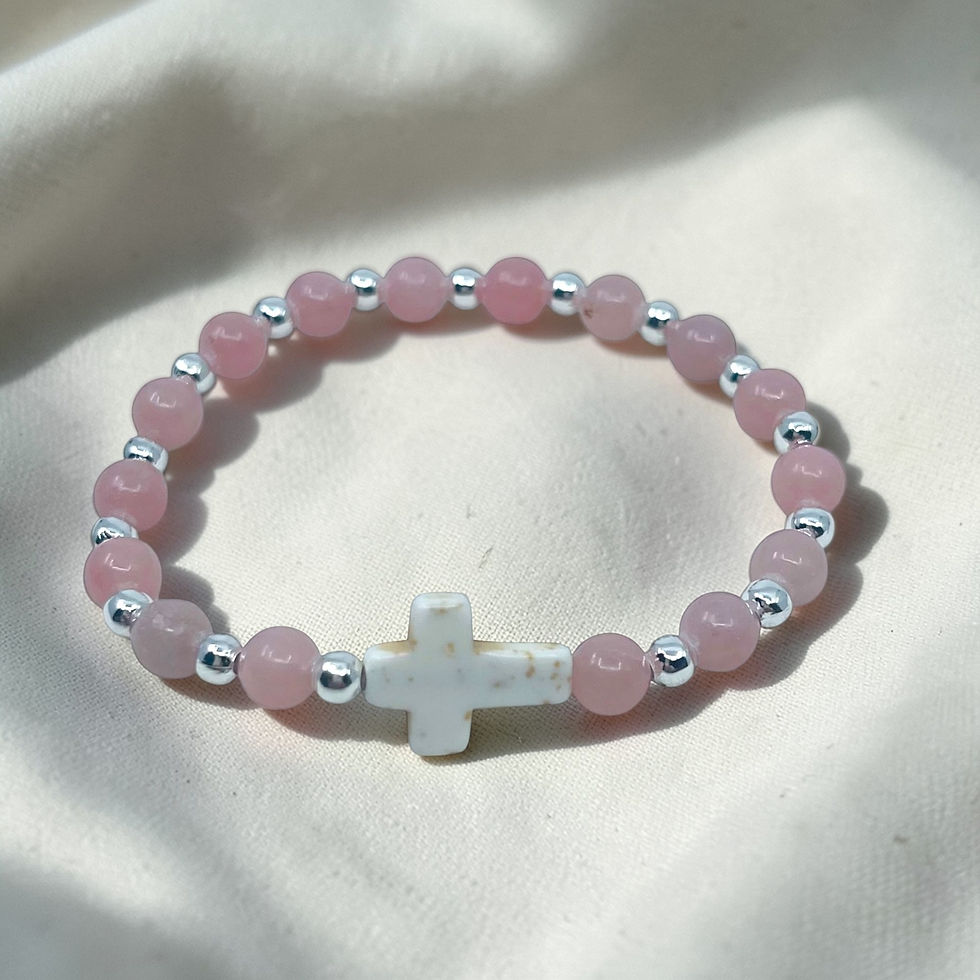 6mm pink opal cross bracelet with blush gemstone beads and silver accents