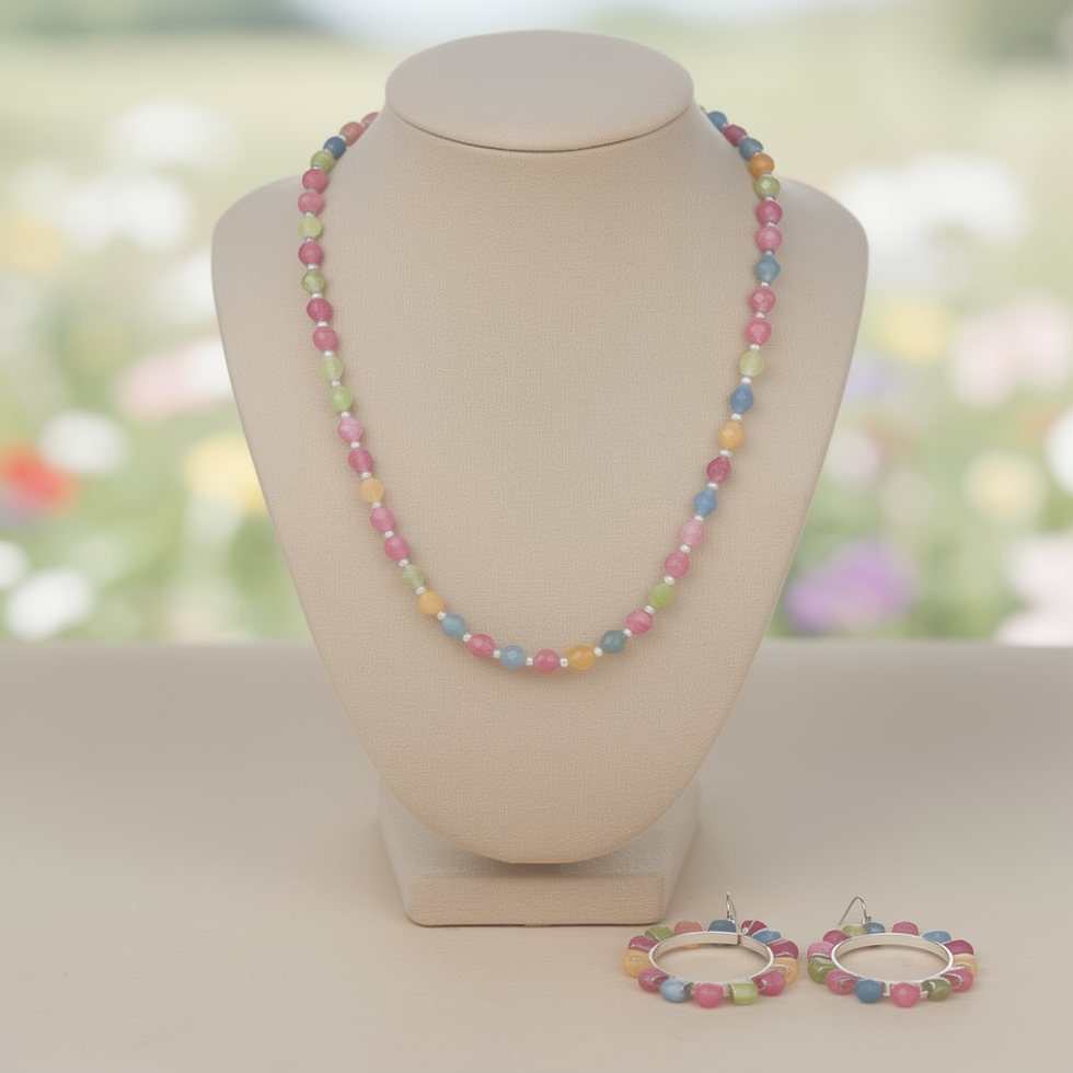 Morganite pastel necklace and earrings set with pink, green and blue gemstones