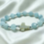 Blue Gemstone Cross Bracelet Close Up – Faceted Light Blue Beads with White Cross Detail