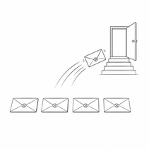 Black and white line illustration of four rejected envelopes and a fifth flying toward an open door