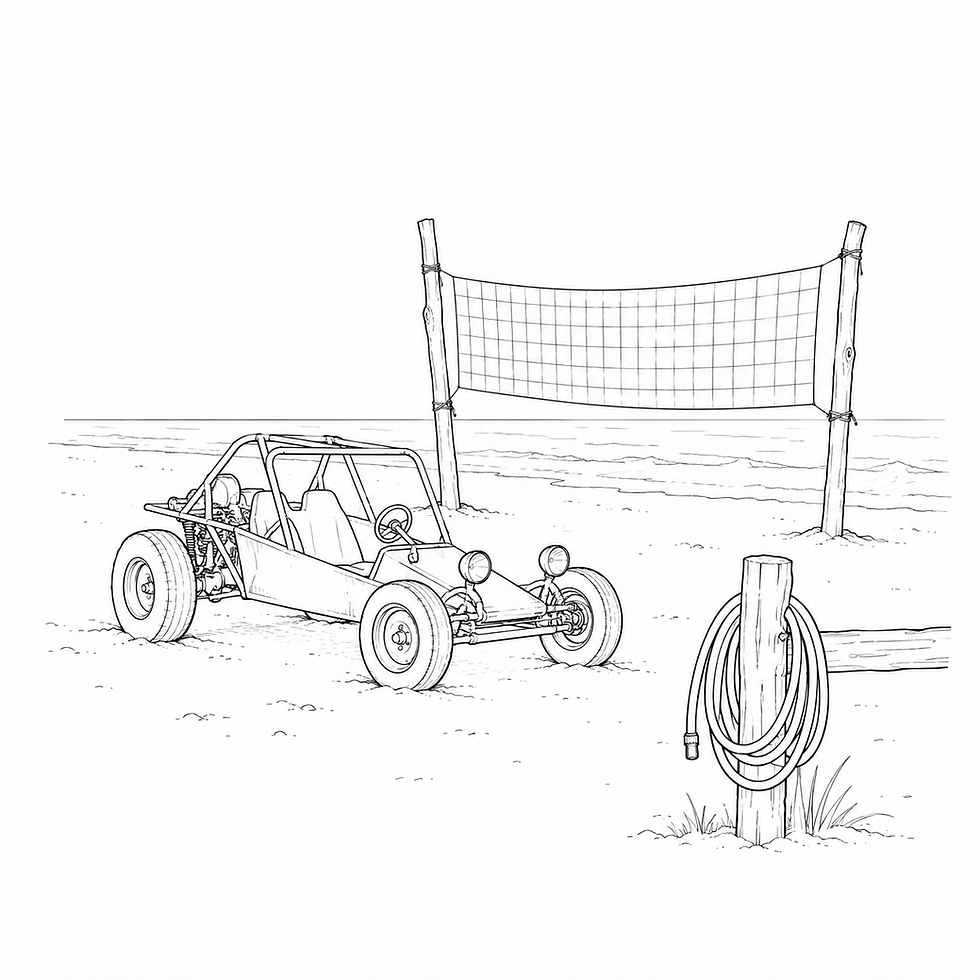 Black and white line illustration of a dune buggy on a beach with a homemade volleyball net and a garden hose