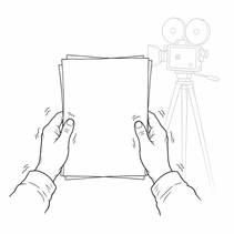 Black and white line illustration of trembling hands holding pitch papers in front of a film camera