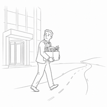 Black and white line illustration of a man leaving an office building carrying a cardboard box