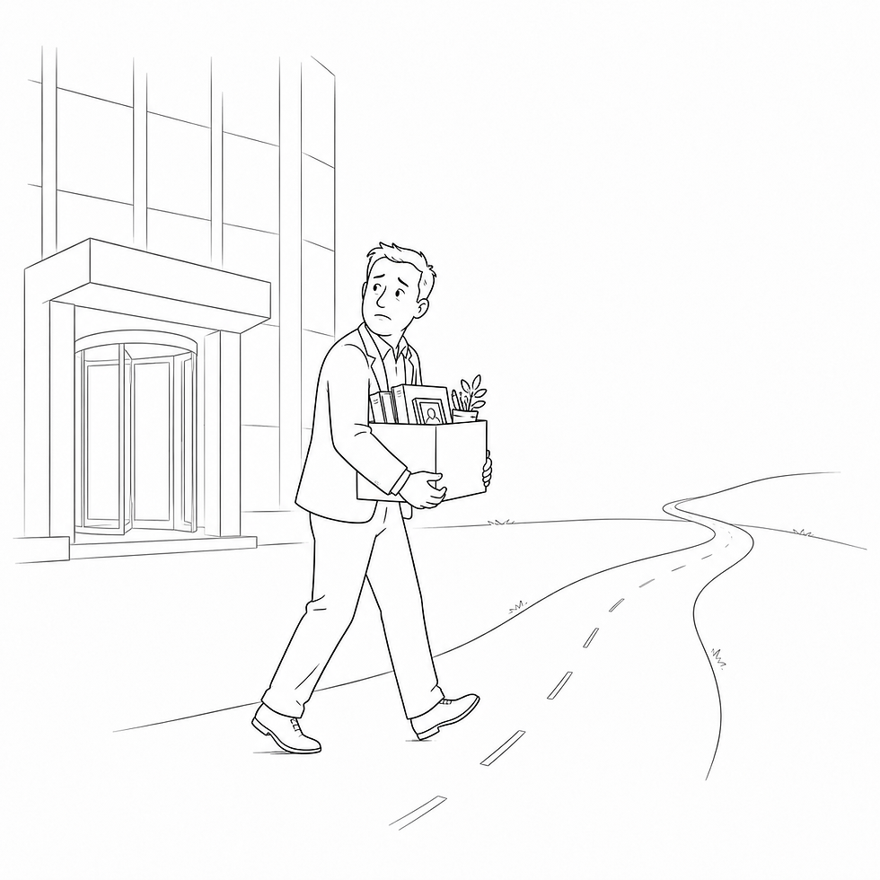 Black and white line illustration of a man leaving an office building carrying a cardboard box