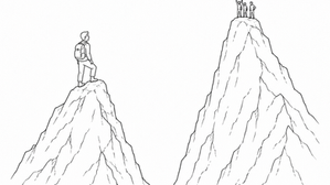 Black and white line illustration of a climber on one peak looking at a group standing on a taller second peak
