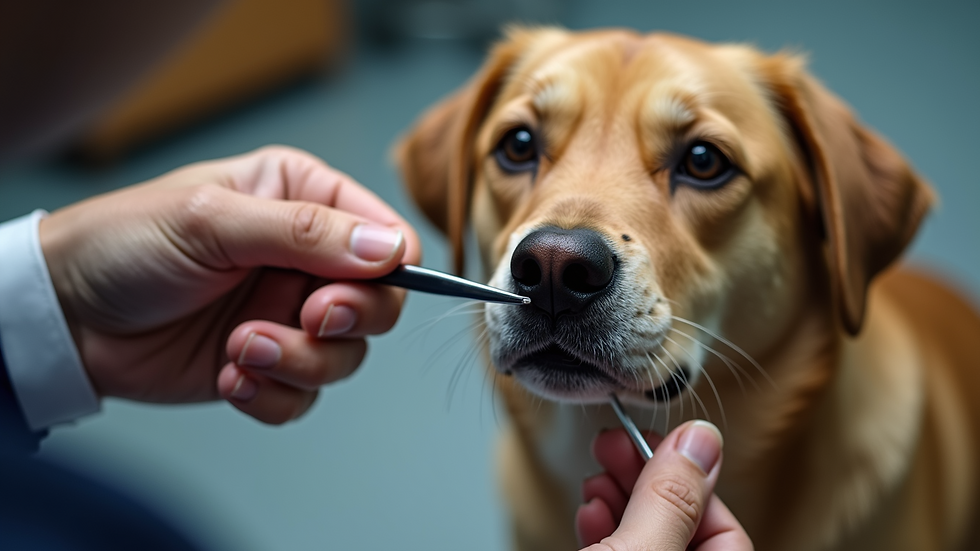 High angle view of a gentle hand using tweezers to remove a tick from a dog