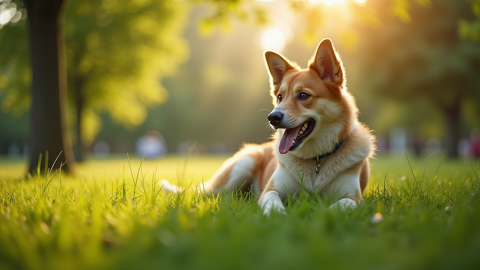 Eye-level view of a dog enjoying summer shade in a park