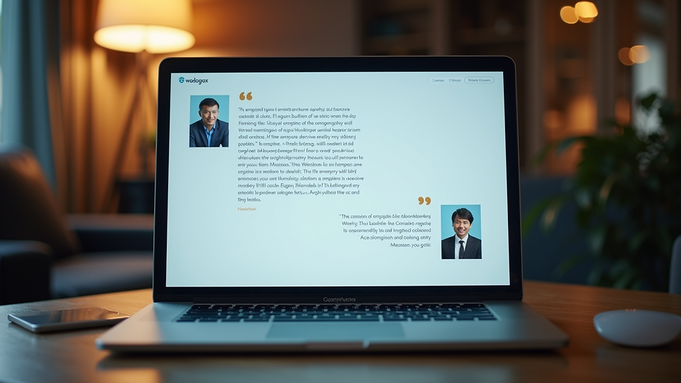 Close-up view of a laptop screen showing employee testimonials on a company website