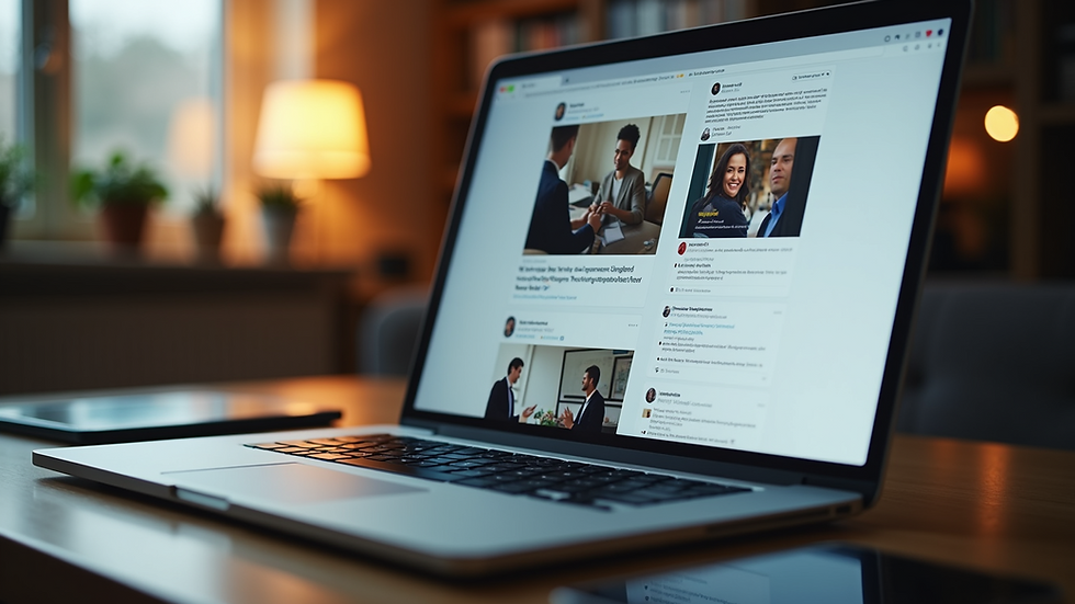 Eye-level view of a laptop displaying social media job posts