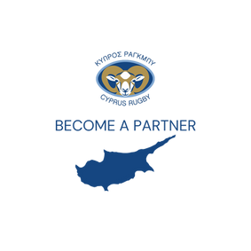 An image that has Become a Partner written on it with the Cyprus Rugby Federation Logo and an image of the island of Cyprus