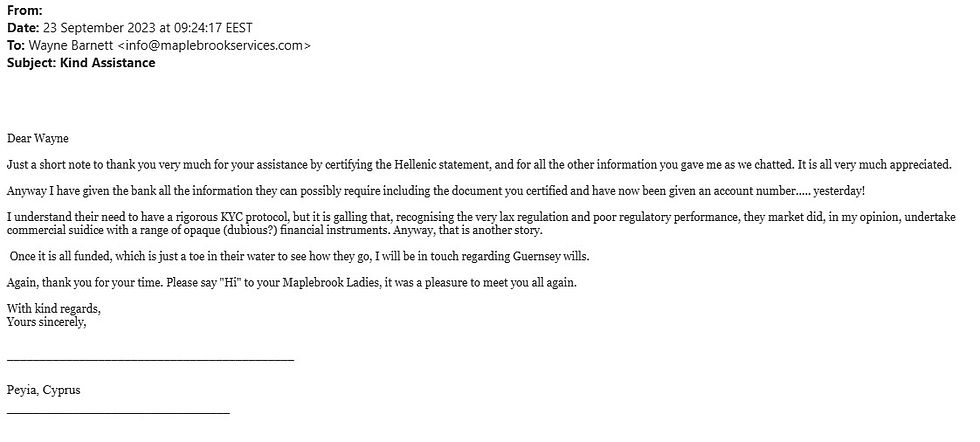 Email of thanks from a client of Maplebrook Services