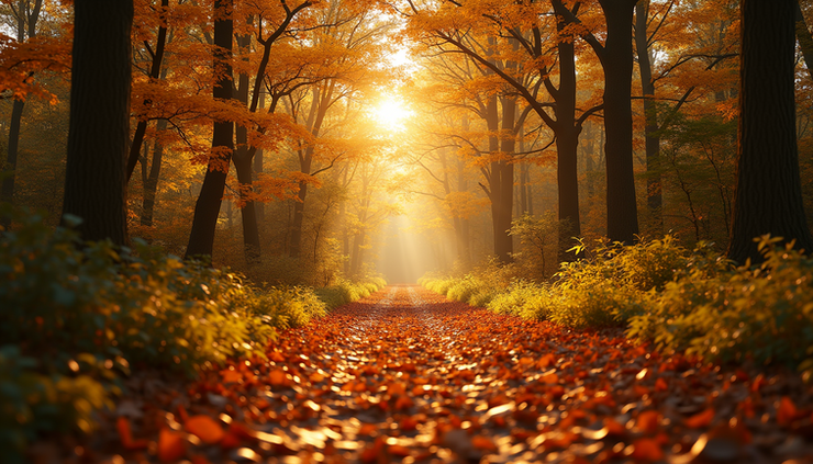 Eye-level view of a sunlit forest path with autumn leaves