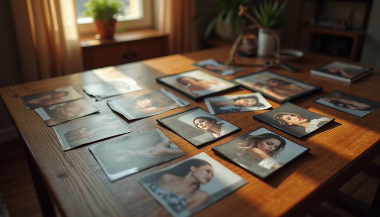 High angle view of a diverse collection of boudoir photographs laid out on a wooden table