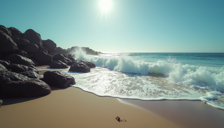 Wide angle view of a rocky beach with waves crashing