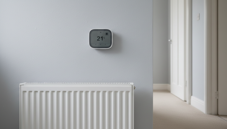 Eye-level view of a smart thermostat mounted on a hallway wall