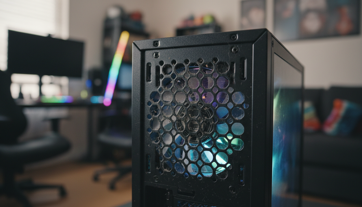 Close-up view of a dusty rear ventilation grille on a desktop computer tower.