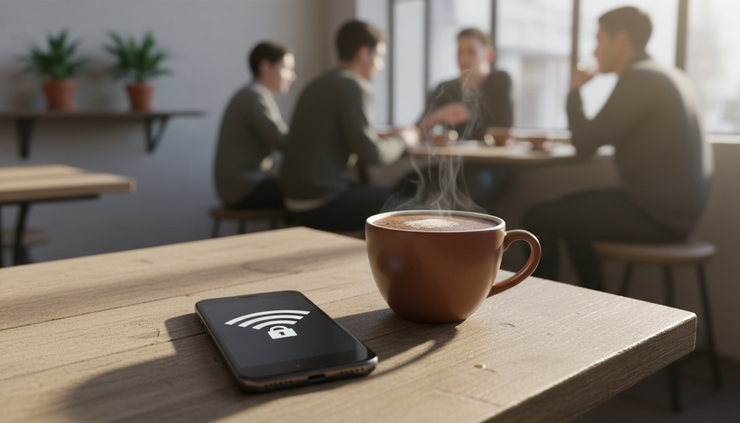 Close-up view of a smartphone connected to public Wi-Fi beside a cup of coffee.