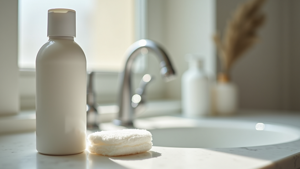 Eye-level view of a clean makeup remover bottle and cotton pads on a vanity