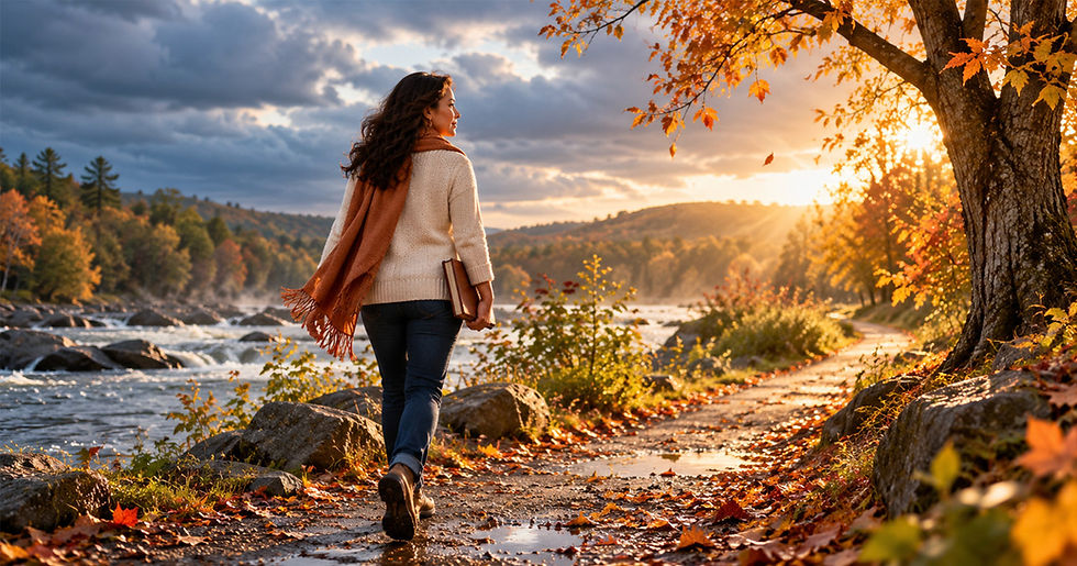Mature woman walking along an autumn riverside path after a storm, carrying a journal as sunlight breaks through the clouds ahead.