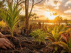 Hands planting new tropical plants in Florida