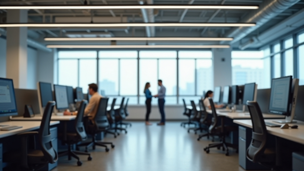 Eye-level view of a modern office space with collaborative workstations
