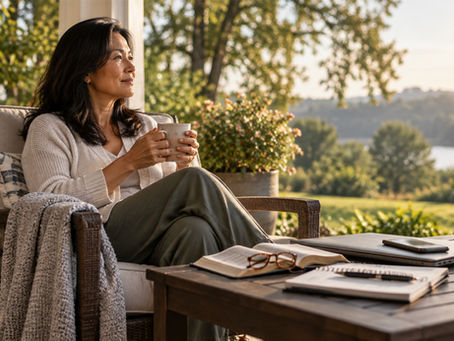 East Asian-American woman enjoying intentional rest on a peaceful porch with a Bible, journal, closed laptop, and phone nearby in warm morning light.