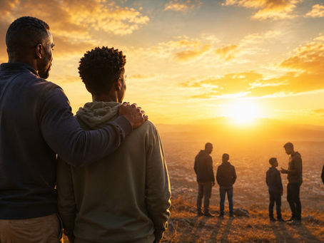 An African-American father and teenage son stand together on a hilltop at sunrise, looking toward the horizon while other men mentor younger boys in the background, symbolizing fatherhood, manhood, leadership, and generational legacy.
