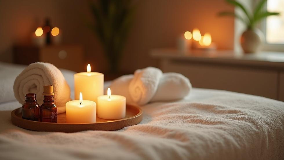High angle view of a massage table with calming candles and essential oils