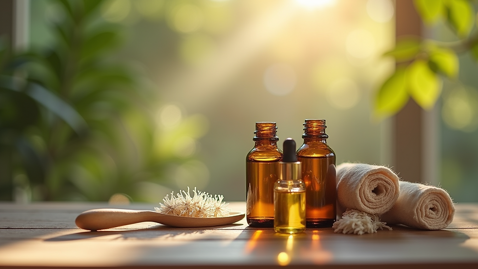 Close-up view of essential oils and massage tools on a wooden table