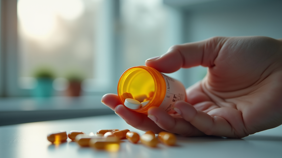 Close-up view of a hand holding a pill bottle with medication