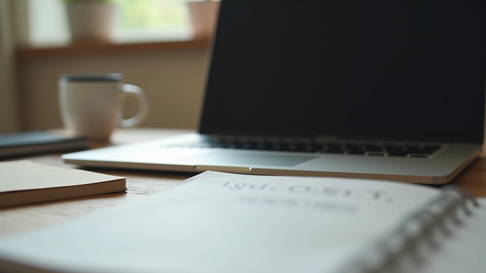 Close-up view of a laptop and notebook on a desk for online therapy session
