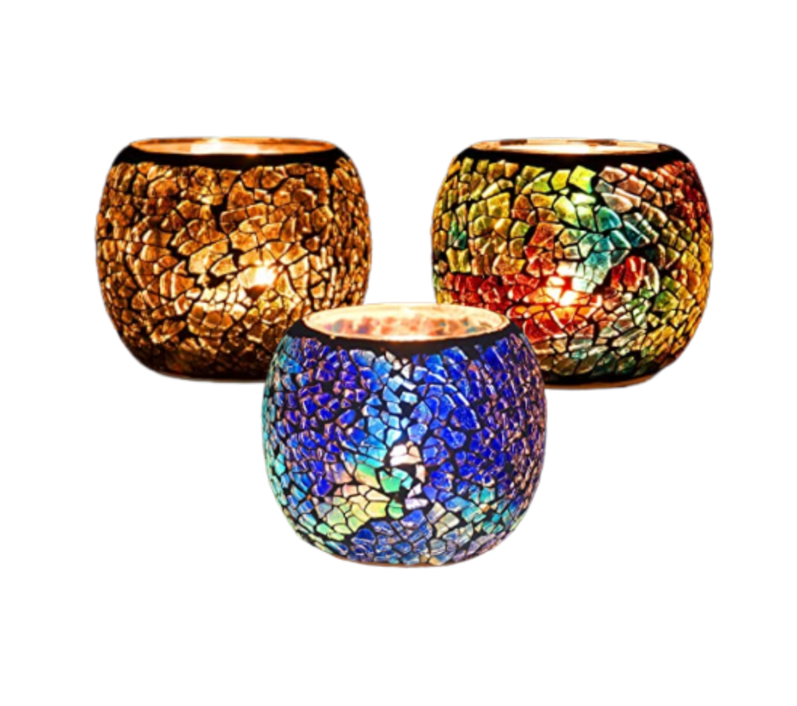 Handmade Mosaic Glass Tealight Candle Holders. Set of 3. SKU: #VGCN-408.