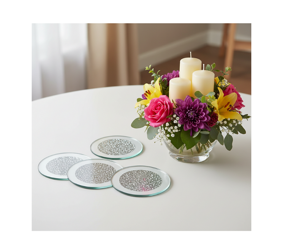 Thumbnail: Glass Mirrored Coasters Set on white table with floral centerpiece, SKU WRS-521.