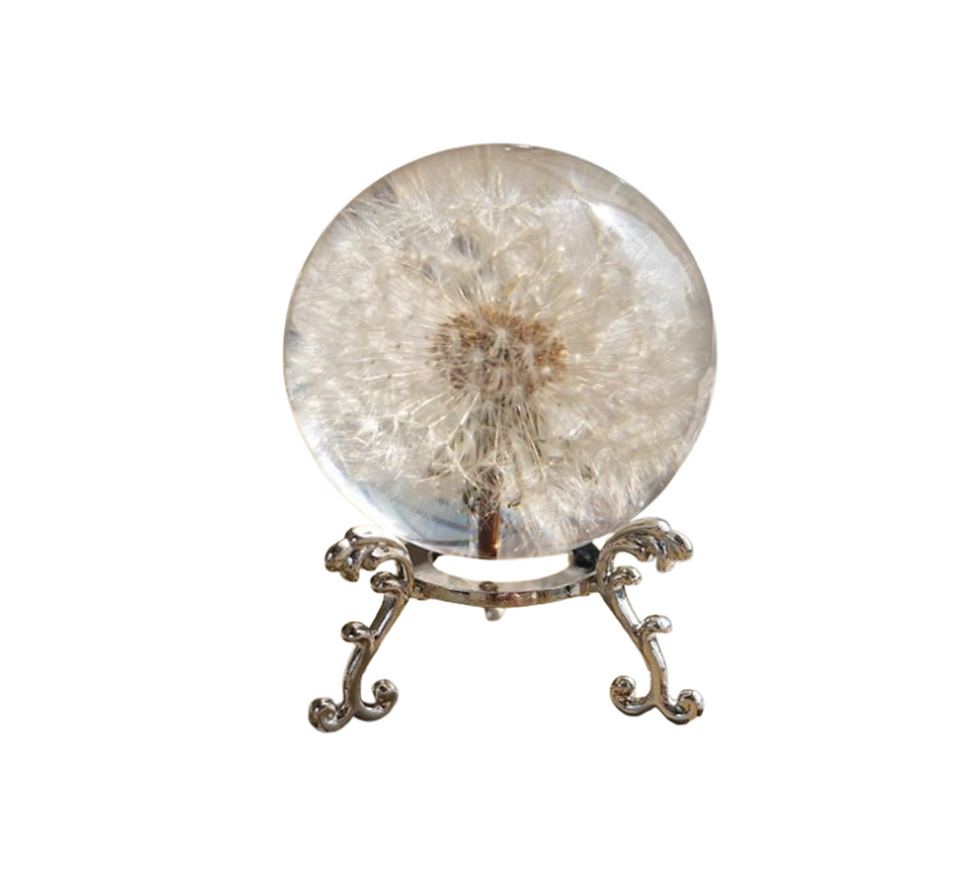 Dandelion Crystal Resin Orb Paperweight on white background, SKU VGSO-810.