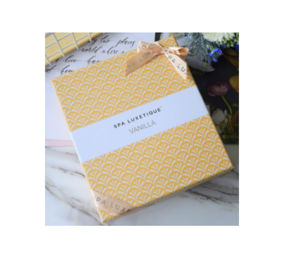 Thumbnail: Vanilla Spa gift box with gold-yellow bow. Spa Luxietique Vanilla.