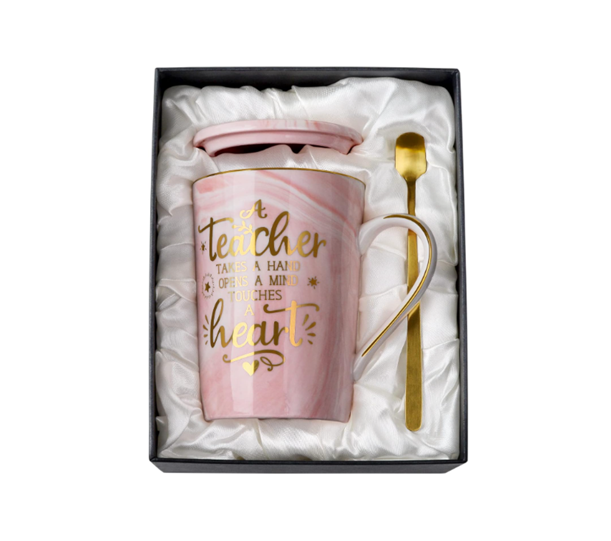 pink Ceramic Teacher Mug and gold spoon in a black gift box.