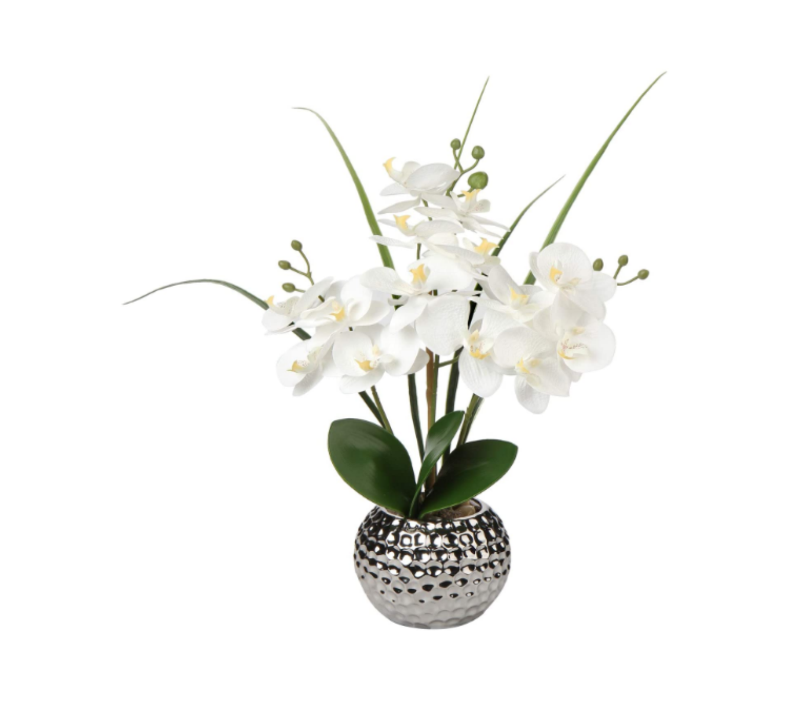 Tall Artificial Orchid Flowers in Silver Pot in white. SKU #VGML-15.