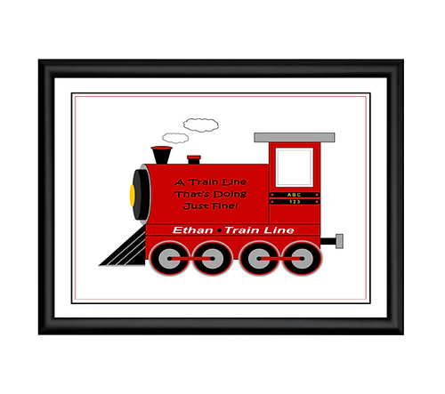 Personalized Red Train Framed Name Art Print in 8.5" x 11" black frame. SKU #PNTRF1.