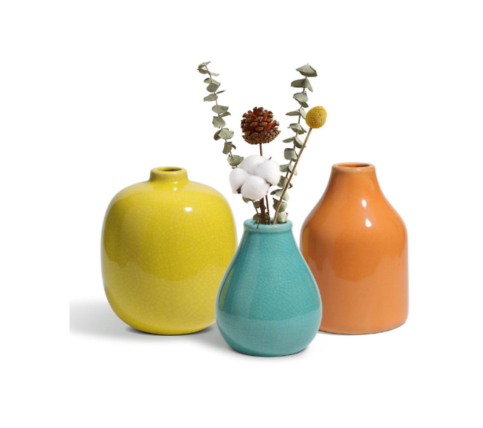Colorful Ceramic Decorative Vases. SKU # VGC-216. Three different size vases in yellow, blue, and orange.
