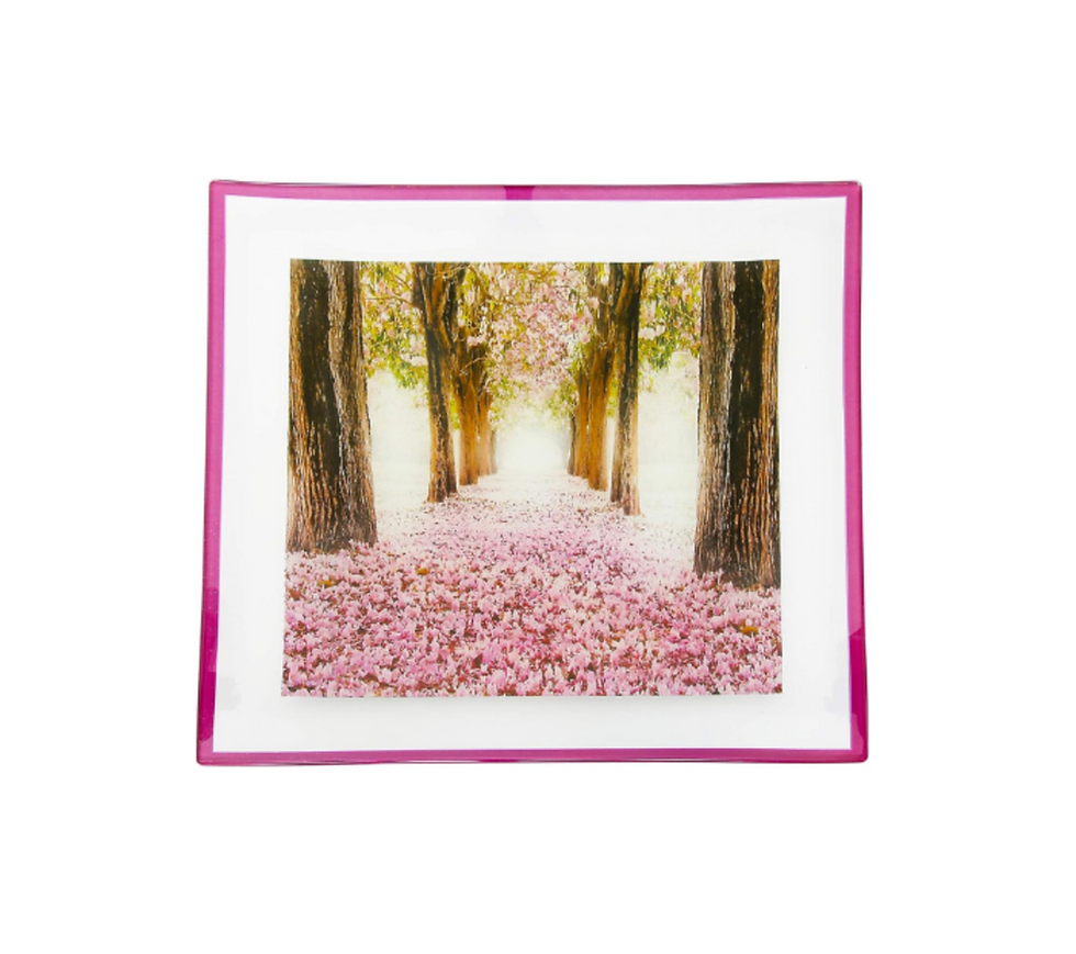 Face forward Landscape Design Square Tempered Glass Serving Plate with magenta edge border. Plate measures 10.5" square.