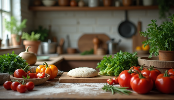 Eye-level view of a rustic kitchen counter with fresh vegetables, dough, and cooking utensils ready for meal preparation